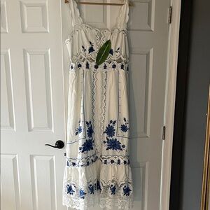 FARM Rio White and Blue Embroidered Dress XL